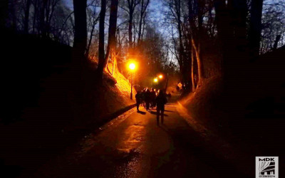Nocny spacer w celu nasłuchiwania sowiego uhuuu podczas Nocy Sów w Szczebrzeszynie.